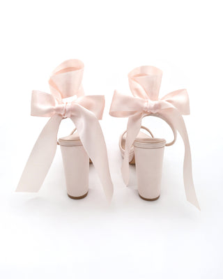 Satin Platform Block Heel Sandals with Wrapped Ribbon Tie