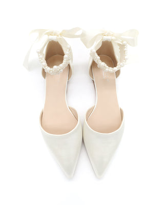 Satin Pointy Toe Wedding Flats with Perla Ankle Strap