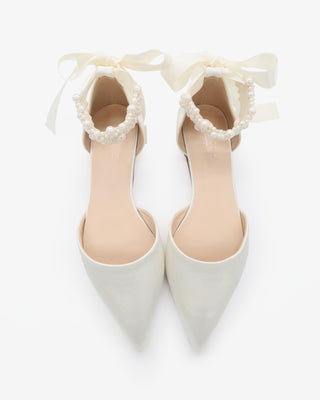 Ivory Satin Pointy Toe Wedding Flats with Perla Ankle Strap