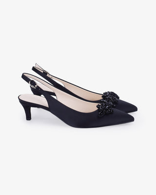 Black satin pointy toe kitten heel slingback pumps with Button Brooch embellishment