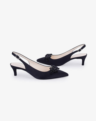 Black satin pointy toe kitten heel slingback pumps with Button Brooch embellishment