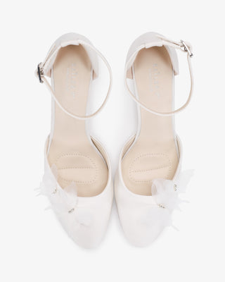 White Satin Wedding Block Heel with Butterfly Kiss