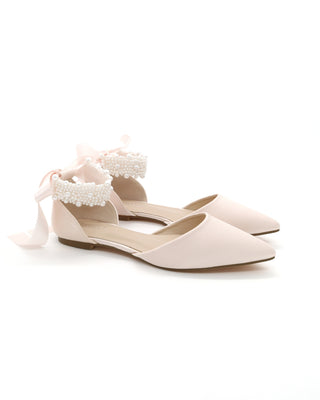 Satin Pointy Toe Evening Flats with Perla Ankle Strap