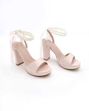 Satin Platform Block Heel Wedding Sandals with Double Pearls Ankle Strap