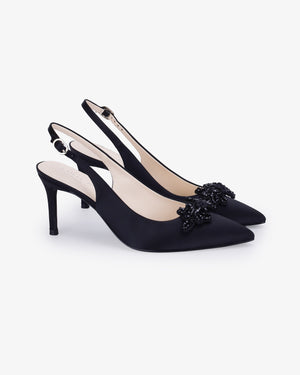 Satin Pointy Toe Slingback Wedding Pumps with Button Brooch