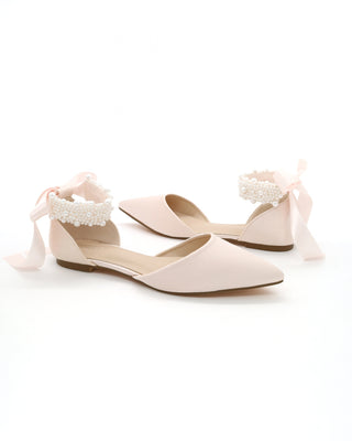 Satin Pointy Toe Evening Flats with Perla Ankle Strap