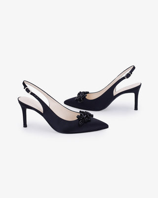 Black satin pointy toe slingback wedding pumps with Button Brooch embellishment