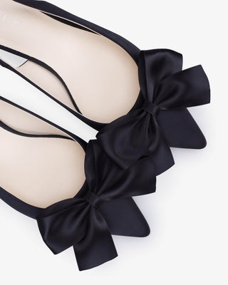 Black satin pointy toe kitten heel slingback pumps with Front Satin Bow embellishment