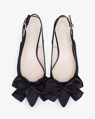 Black satin pointy toe kitten heel slingback pumps with Front Satin Bow embellishment