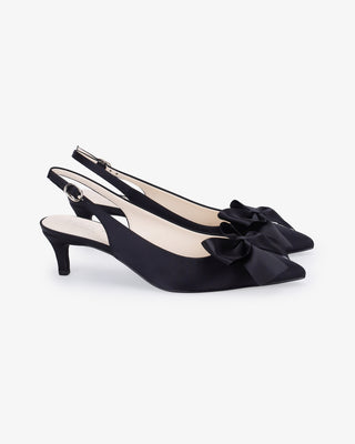 Black satin pointy toe kitten heel slingback pumps with Front Satin Bow embellishment