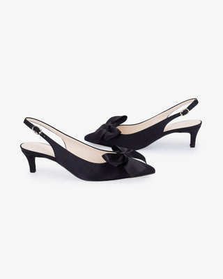 Black satin pointy toe kitten heel slingback pumps with Front Satin Bow embellishment