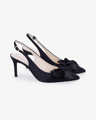 Black satin pointy toe slingback wedding pumps with Front Satin Bow embellishment