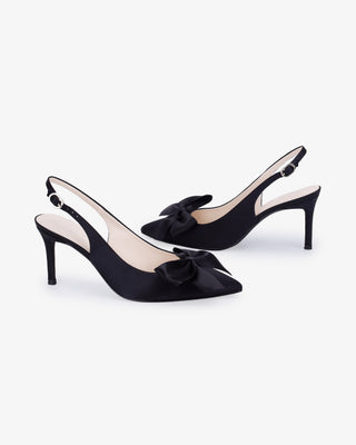 Black satin pointy toe slingback wedding pumps with Front Satin Bow embellishment