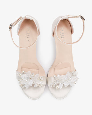 Ivory Satin High Heel Wedding Sandals with Frosted Bloom Applique
