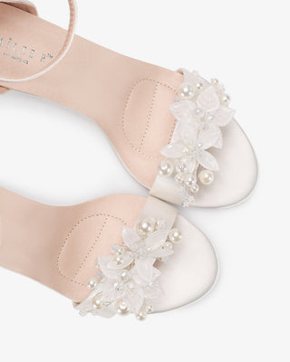 Ivory Satin High Heel Wedding Sandals with Frosted Bloom Applique