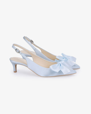 Light Blue satin pointy toe kitten heel slingback pumps with Front Satin Bow embellishment
