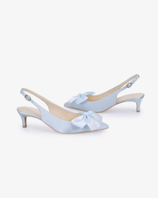 Light Blue satin pointy toe kitten heel slingback pumps with Front Satin Bow embellishment