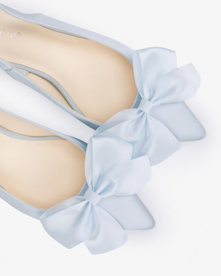 Light Blue satin pointy toe kitten heel slingback pumps with Front Satin Bow embellishment
