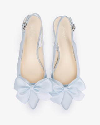 Light Blue satin pointy toe kitten heel slingback pumps with Front Satin Bow embellishment