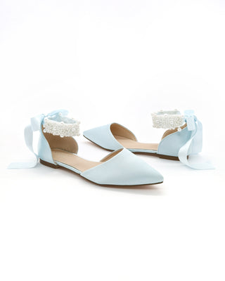 Satin Pointy Toe Wedding Flats with Perla Ankle Strap