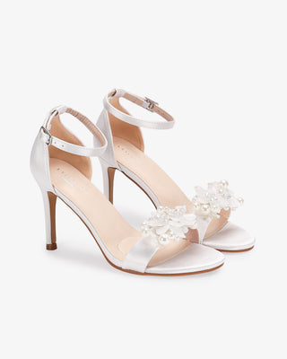 White Satin High Heel Wedding Sandals with Frosted Bloom Applique