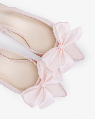 Dusty Pink satin pointy toe kitten heel slingback pumps with Front Satin Bow embellishment