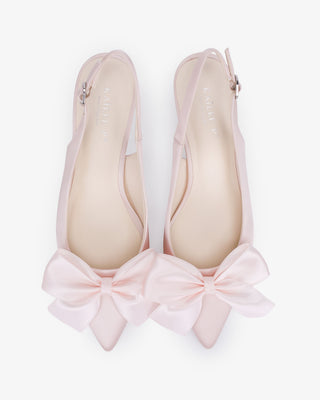 Dusty Pink satin pointy toe kitten heel slingback pumps with Front Satin Bow embellishment