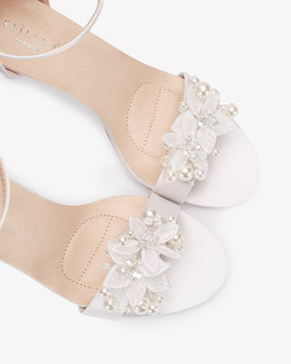White Satin High Heel Wedding Sandals with Frosted Bloom Applique