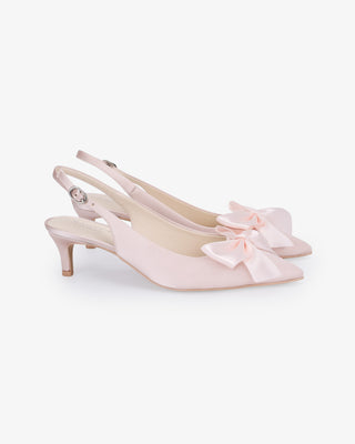 Dusty Pink satin pointy toe kitten heel slingback pumps with Front Satin Bow embellishment