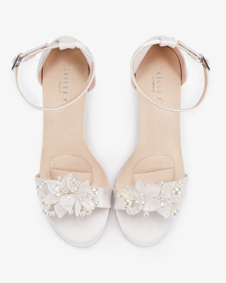 White Satin High Heel Wedding Sandals with Frosted Bloom Applique