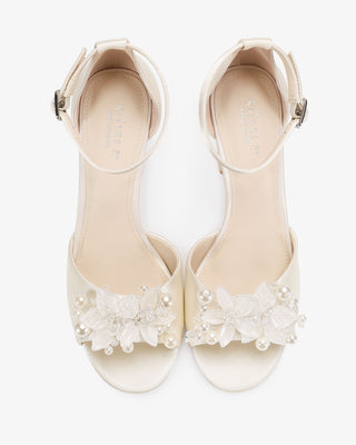 Ivory Satin Block Heel Wedding Sandals with Frosted Bloom Applique