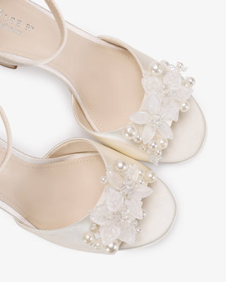 Ivory Satin Block Heel Wedding Sandals with Frosted Bloom Applique