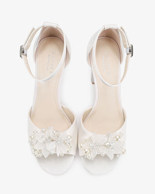 Satin Block Heel Wedding Sandals with Frosted Bloom AppliqueWomen Shoes
