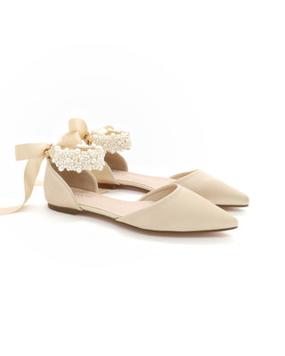 Satin Pointy Toe Evening Flats with Perla Ankle Strap