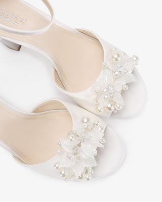 White Satin Block Heel Wedding Sandals with Frosted Bloom Applique