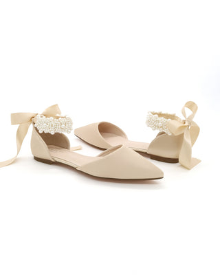 Satin Pointy Toe Evening Flats with Perla Ankle Strap