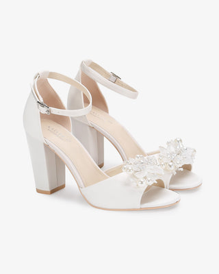 White Satin Block Heel Wedding Sandals with Frosted Bloom Applique