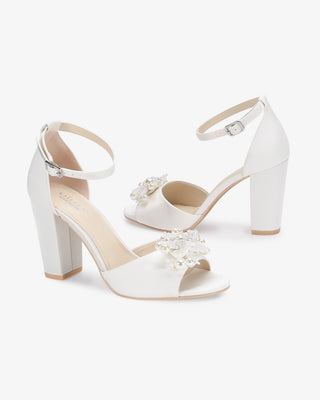 Satin Block Heel Wedding Sandals with Frosted Bloom AppliqueWomen Shoes