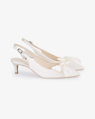 Ivory satin pointy toe kitten heel slingback pumps with Front Satin Bow embellishment