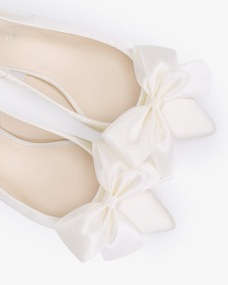 Ivory satin pointy toe kitten heel slingback pumps with Front Satin Bow embellishment