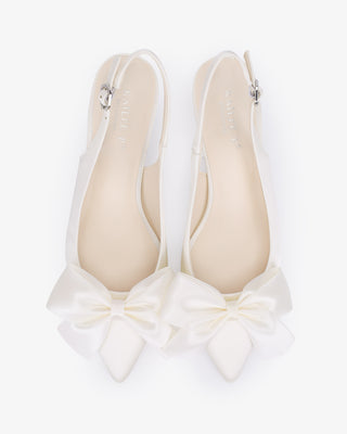 Ivory satin pointy toe kitten heel slingback pumps with Front Satin Bow embellishment