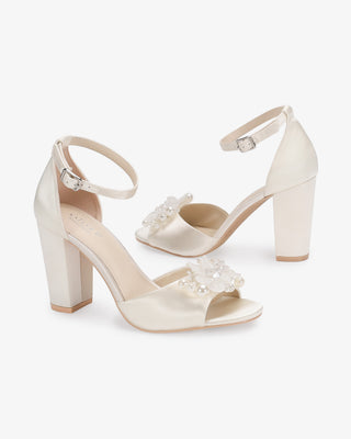 Ivory Satin Block Heel Wedding Sandals with Frosted Bloom Applique