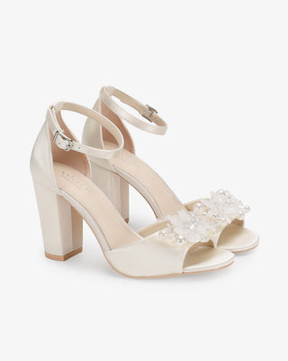 Ivory Satin Block Heel Wedding Sandals with Frosted Bloom Applique