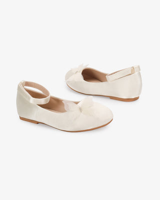 Ivory Satin Flower Girls Ballet Flats with Butterfly Kiss