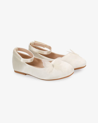 Ivory Satin Flower Girls Ballet Flats with Butterfly Kiss