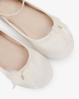 Ivory Satin Flower Girls Ballet Flats with Butterfly Kiss