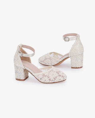 Ivory embroidered lace block heel girls shoes