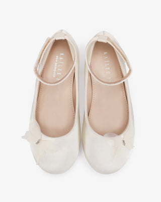 Ivory Satin Flower Girls Ballet Flats with Butterfly Kiss