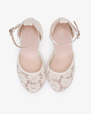 Ivory embroidered lace block heel girls shoes