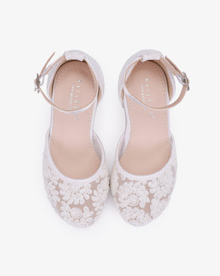 White embroidered lace block heel girls shoes